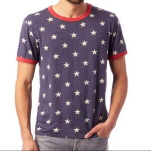 Alternative Earth Blue & White Stars Unisex Tee Size Medium  Contrast Red Trim